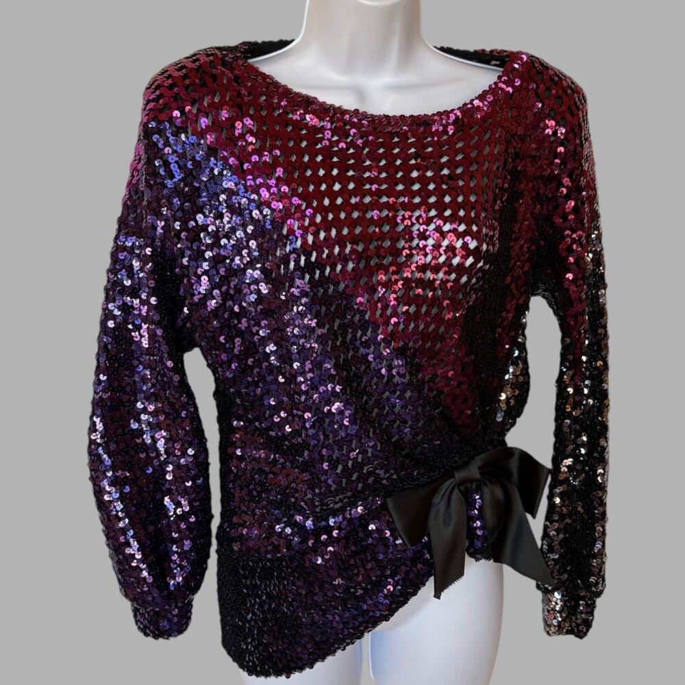 Claire Pearone Vintage 80's Open Weave Sequined Sweater Bow Shoulder Pads M/L(?)